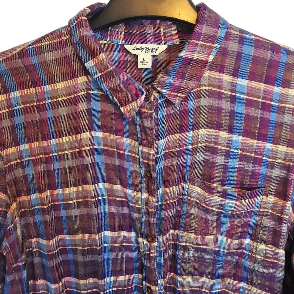 Lucky Brand Purple Plaid Soft Flannel Button Up Large - Picture 2 of 7
